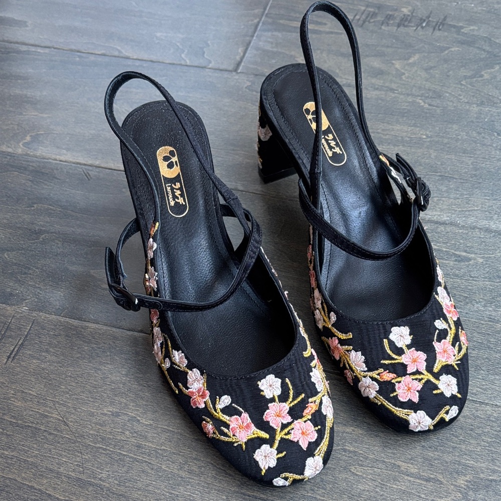Larroude Black Heels with Pink Floral Embroidery